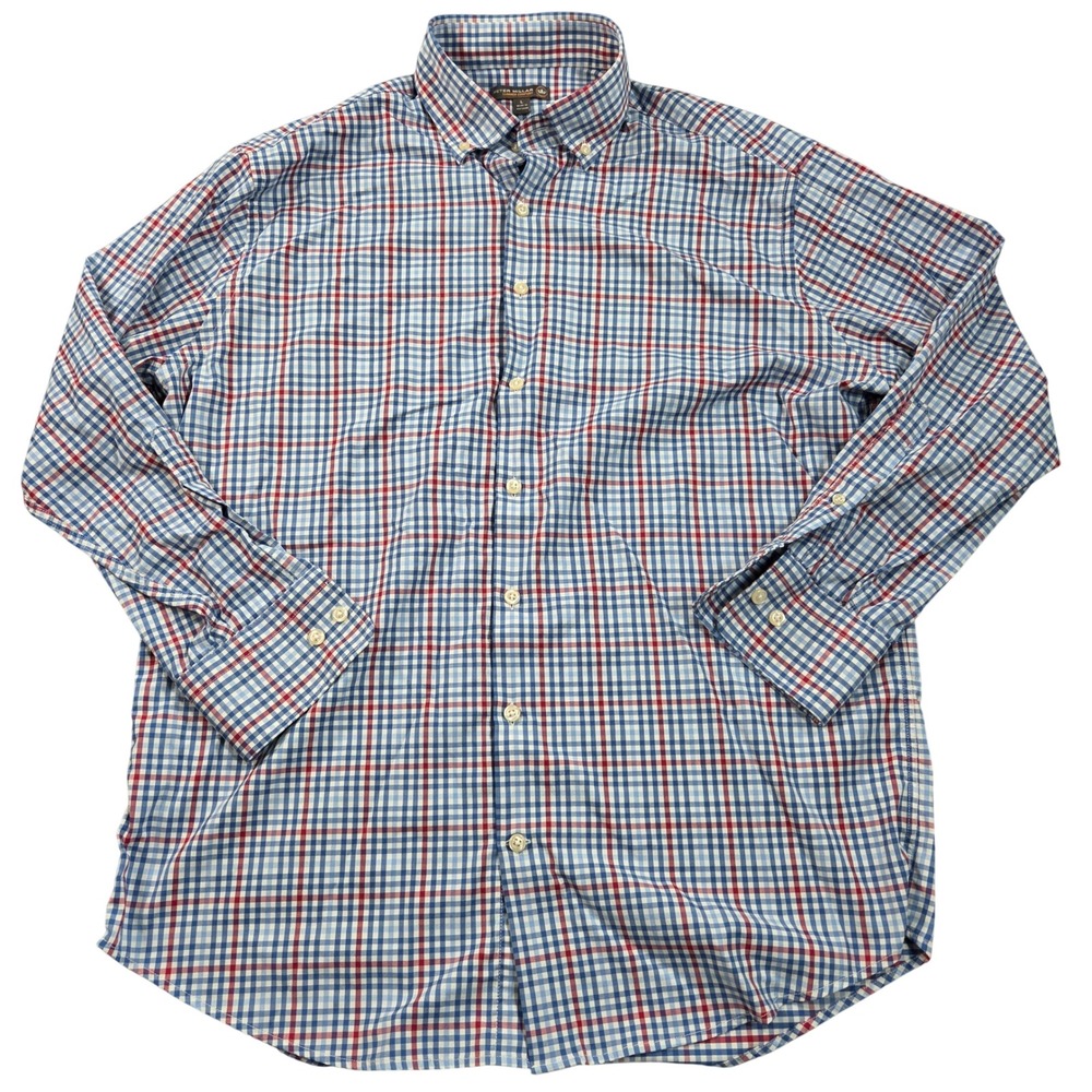 Peter Millar Summer Comfort Shirt Mens Large Blue Red Plaid Performance Stretch